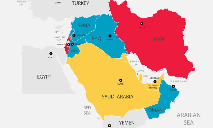 Map of the Middle East showing belligerents, regional participants, and impacted countries