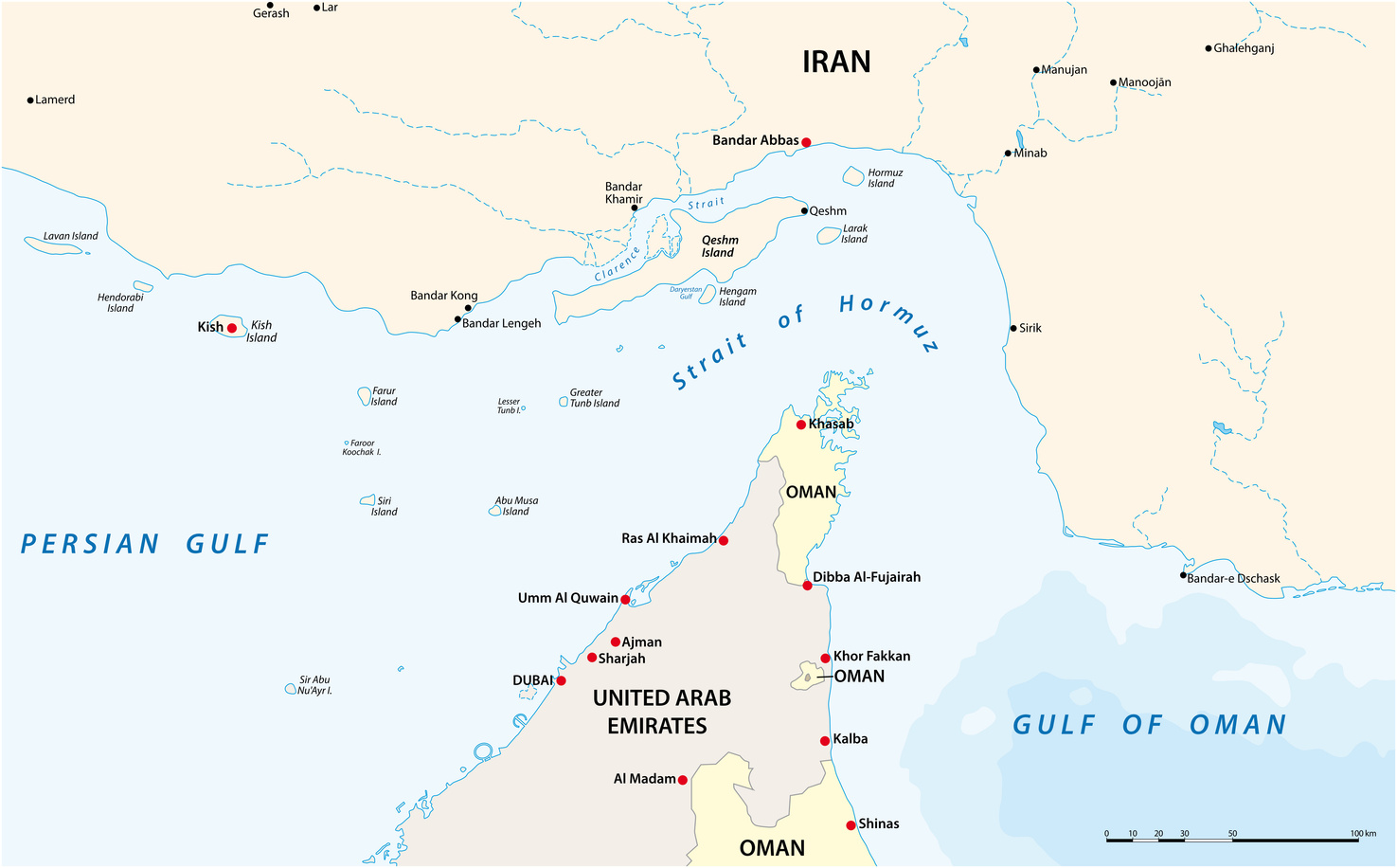 Map of the Strait of Hormuz linking the Persian Gulf to the Gulf of Oman