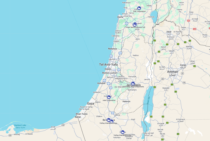 Z2 site map showing semiconductor manufacturing locations across Israel