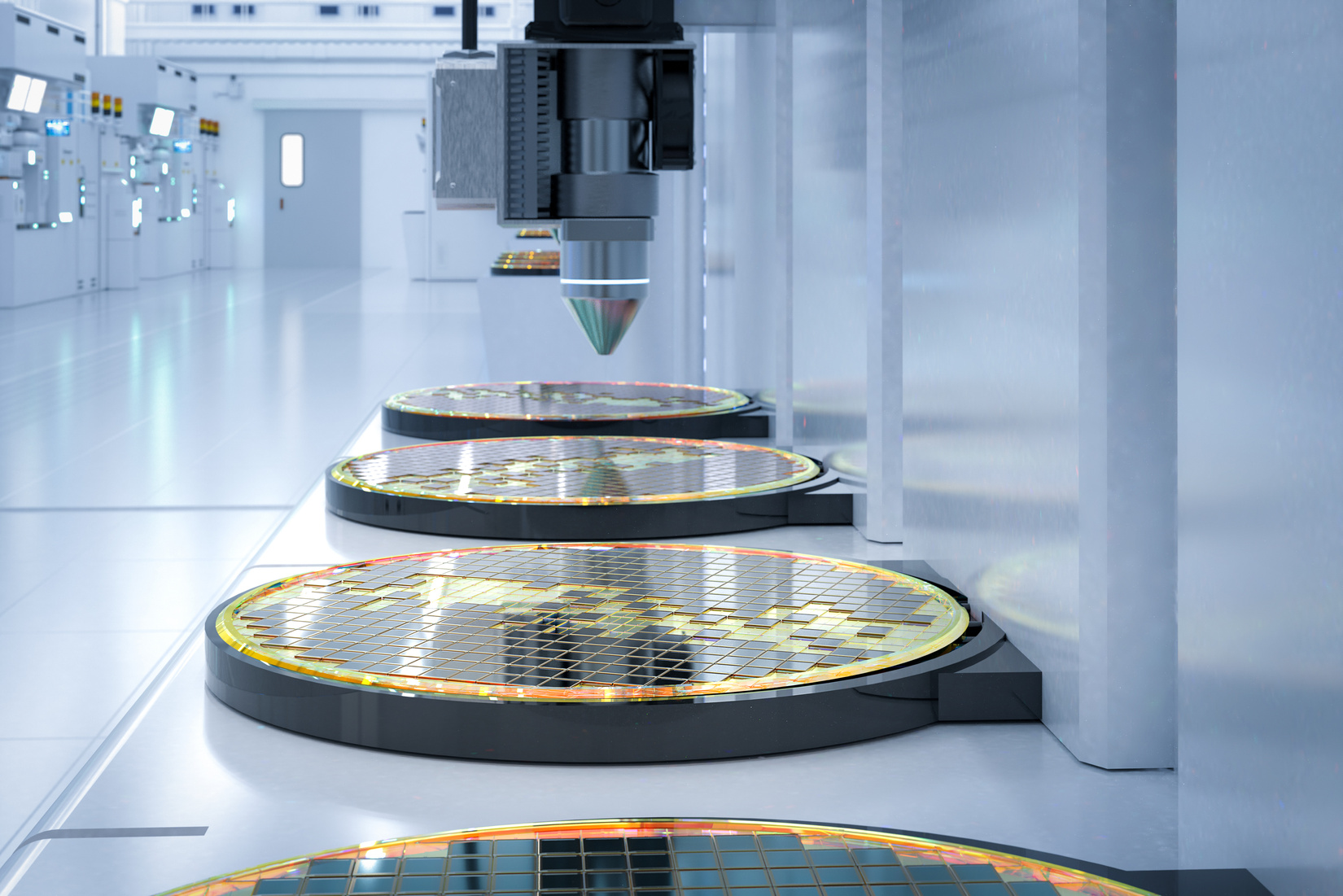 Silicon wafers on an automated handling line inside a semiconductor cleanroom