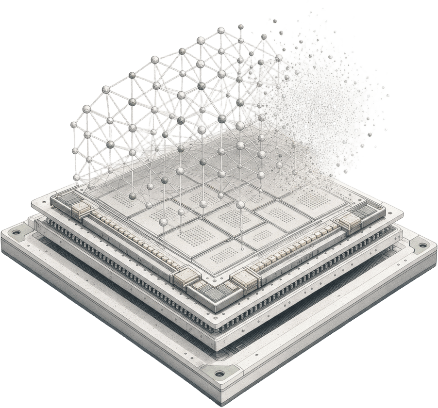 Technical illustration of artificial intelligence analyzing a supply chain network