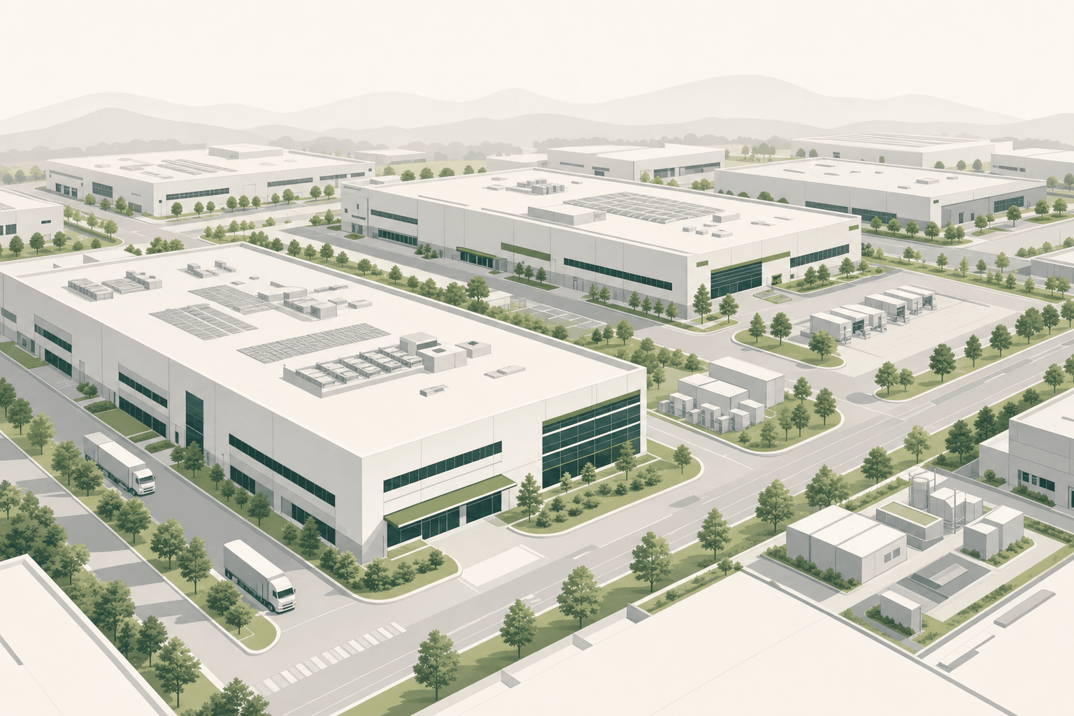 Aerial illustration of a modern electronics manufacturing industrial park