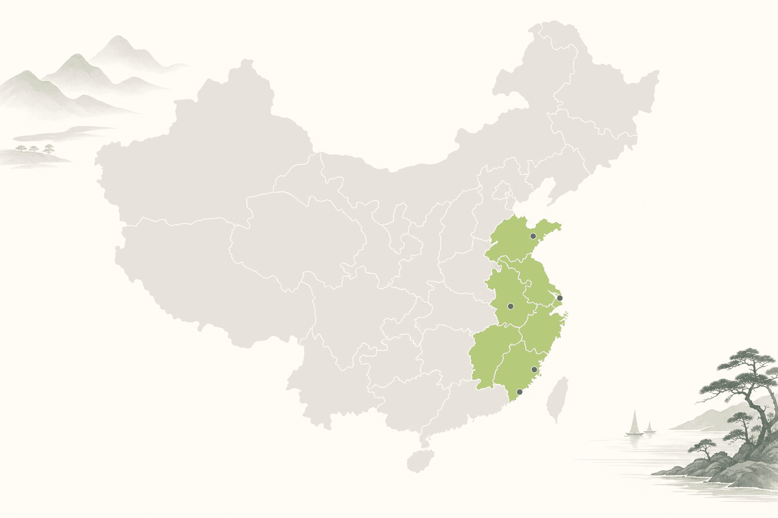 Editorial map of China with the eastern coastal manufacturing provinces highlighted
