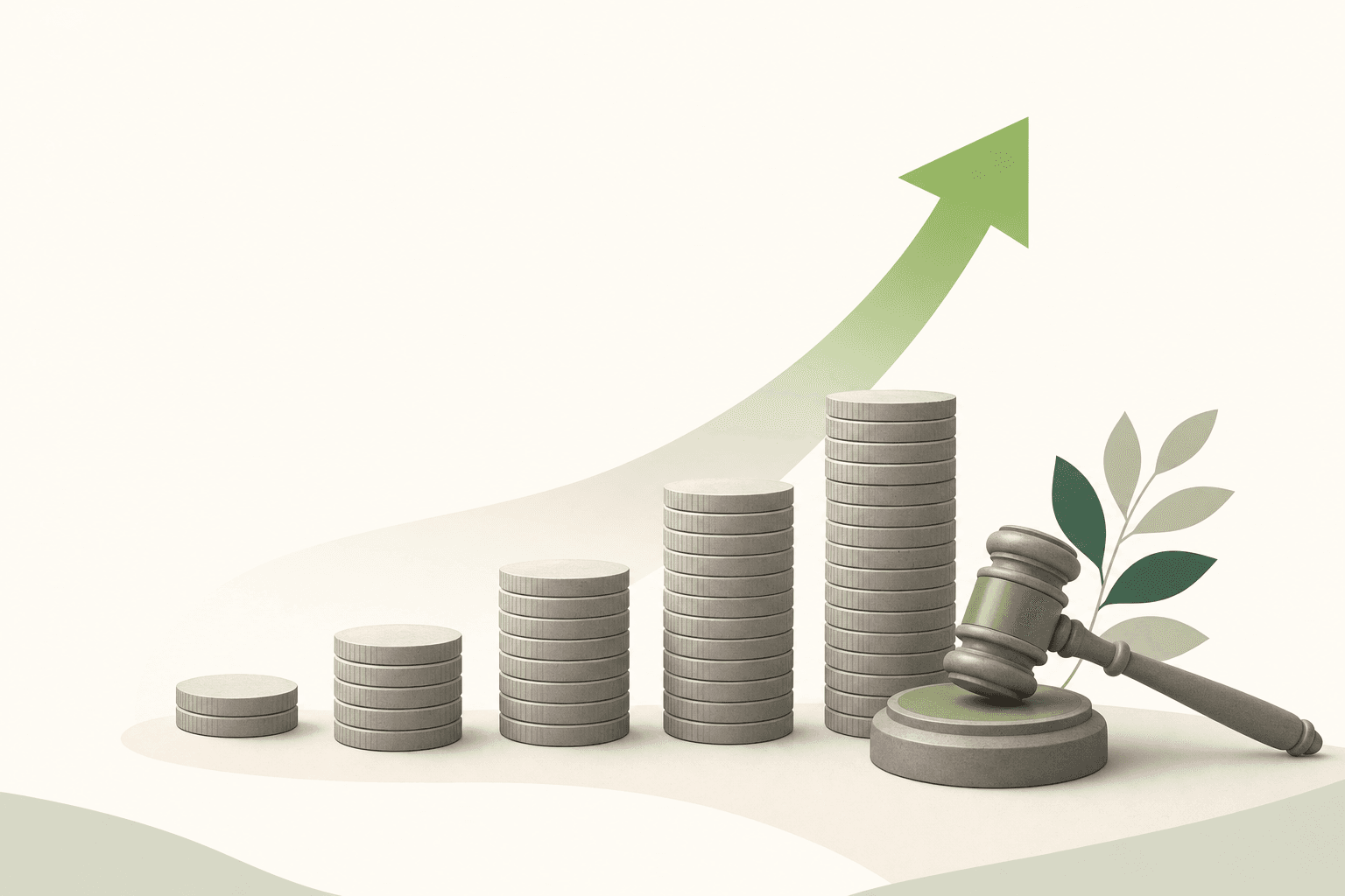 Illustration of rising coin stacks beside a gavel representing growing settlement costs