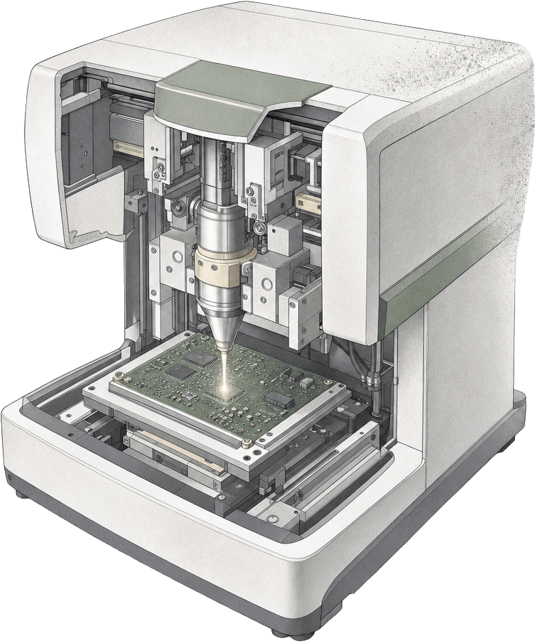 Cutaway technical illustration of an XRF spectrometer analyzing a circuit board for restricted substances