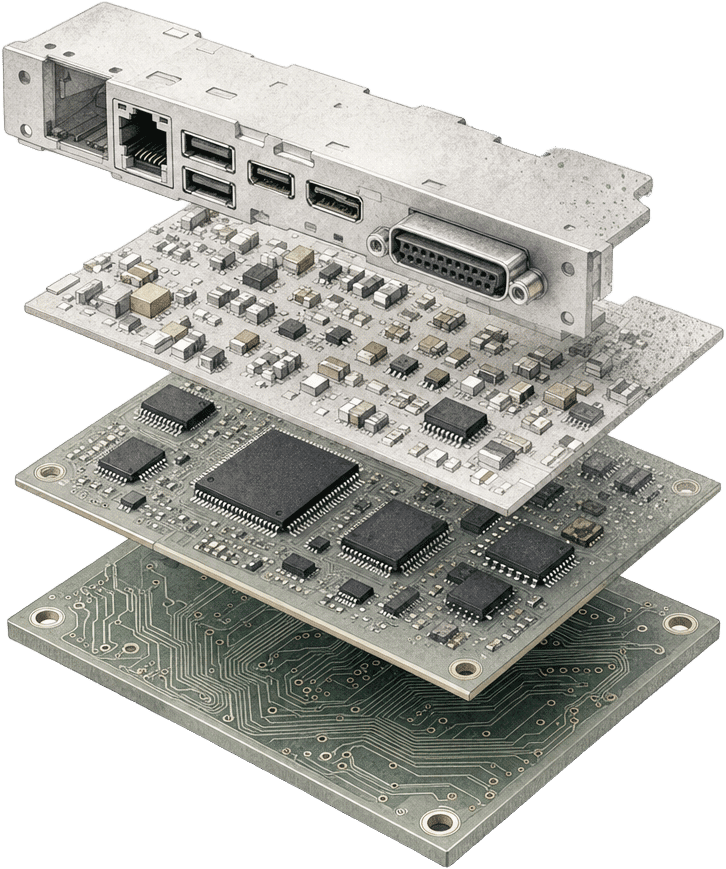 Exploded technical illustration of a multi-layer printed circuit board assembly showing the full component stack of an electronics bill of materials