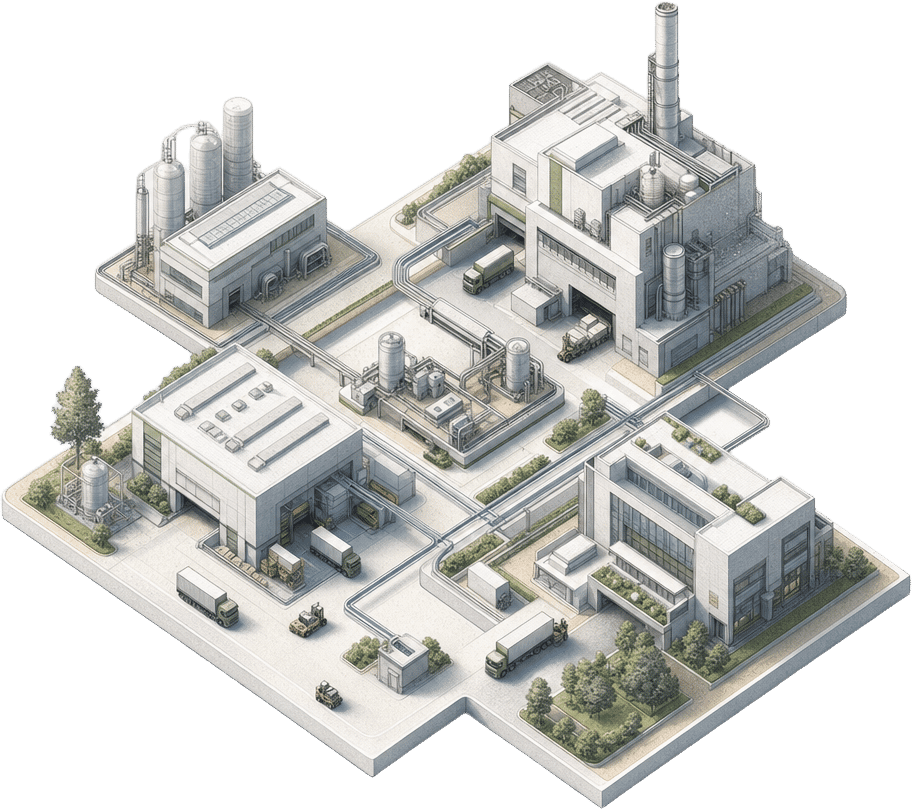 Diorama illustration of interconnected factory buildings linked by supply routes